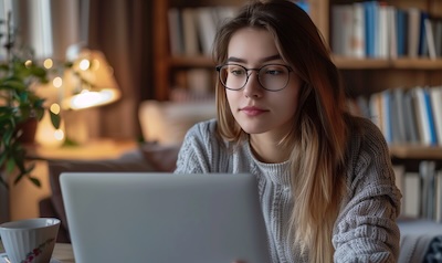 Frau macht einen kostenlosen Griechisch Einstufungstest online am Laptop – Sprachniveau herausfinden