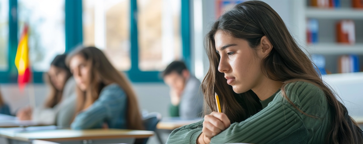 DELE-Prüfung: Kandidatin bei der schriftlichen Spanischprüfung im Prüfungsraum