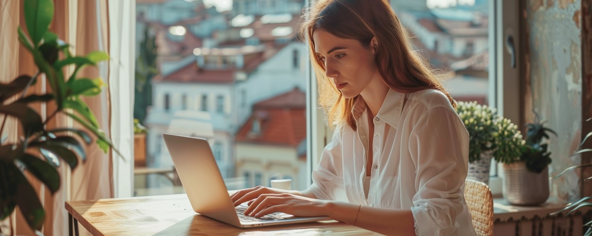 bosnisch einstufungstest online niveau bestimmen - Frau macht am Laptop den kostenlosen Bosnisch Einstufungstest