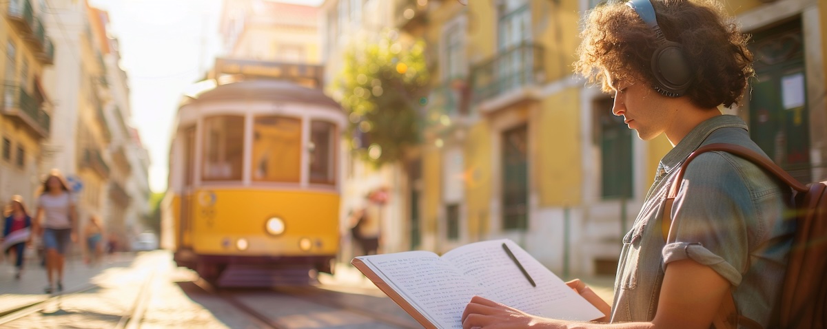 Portugiesisch Einstufungstest online kostenlos, Lernen mit Laptop vor Lissabon-Kulisse
