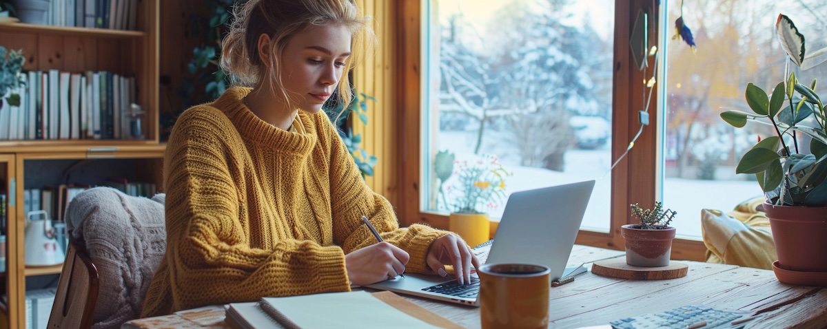Frau macht am Laptop den kostenlosen Schwedisch Einstufungstest